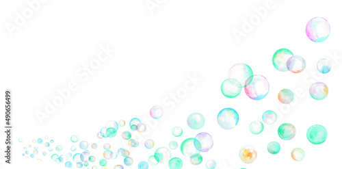 水彩で描いたカラフルなシャボン玉のイラスト素材　フレーム素材 春のイラスト素材　エメラルドグリーン　水色	 photo
