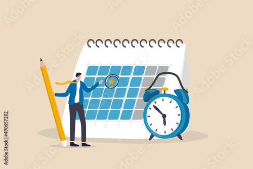 Calendar date event, reminder for meeting schedule or appointment, work deadline mark or weekly plan, important business date concept, businessman circle mark on important date event on calendar.