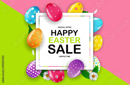 Happy Easter sale poster template with 3d realistic Easter eggs. Template for...