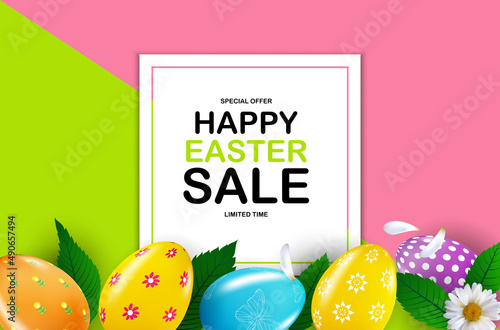 Happy Easter sale poster template with 3d realistic Easter eggs. Template for...