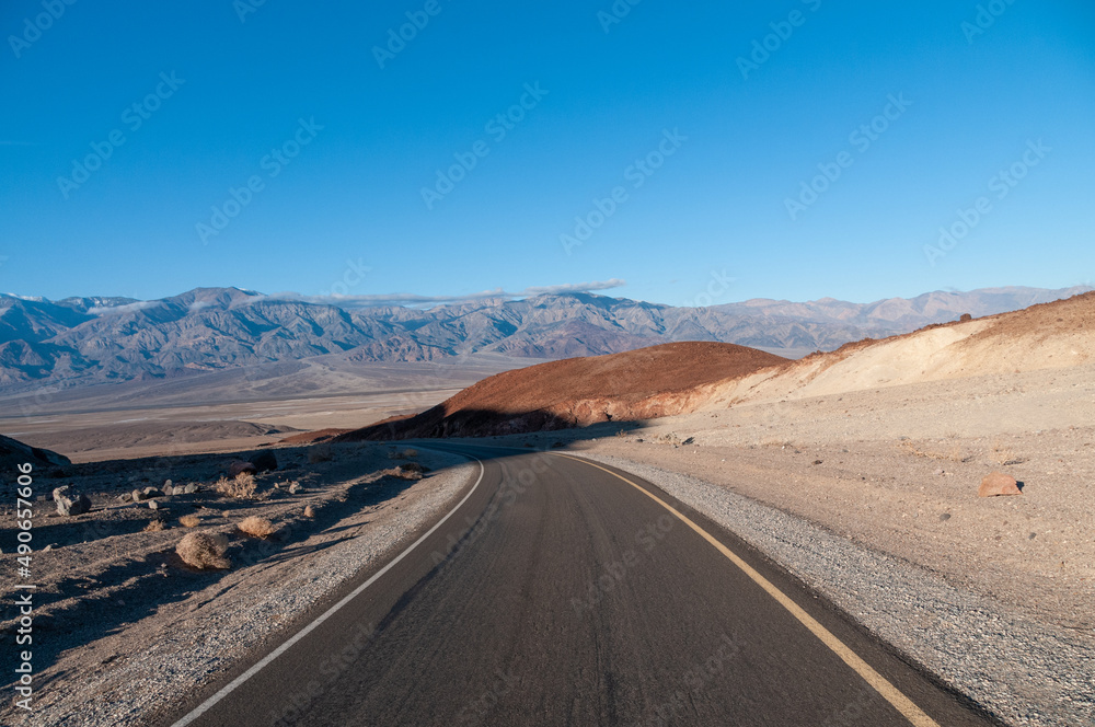 The road through the artists palletes drive in Death Valley National Park, California.