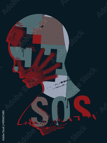 SOS violence and war.
Human head silhouette with bandage and wound symbolizing violence and a war. Vector available.