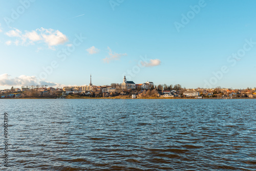 Telsiai town spring scenic view at Mascio lake, Lithuania.Nice landscape.