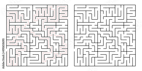 Square maze, a simple logic game with labyrinths. Vector maze game.