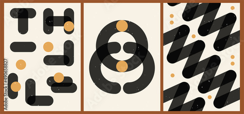 A set of three black and gold aesthetic geometric backgrounds. Minimalist social media posters, cover designs, web, home decor. Vintage bright illustrations with shapes, circles, lines, rectangles