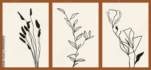 A set of three abstract minimalist aesthetic floral illustrations. Black silhouettes of plants on a light background. Modern monochrome vector posters for social media, web design in vintage style.
