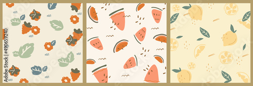 Fototapeta Naklejka Na Ścianę i Meble -  A set of three abstract backgrounds. Collage of fruits close-up. Bright vintage aged illustration with raspberry, watermelon, lemon. Vegan posters for grocery advertising, social media.