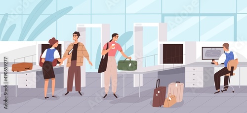 Airport security checkpoint. Police officers checking baggage, scanning people tourists. Passengers control with scanners, frames, metal detectors, computers at terminal. Flat vector illustration