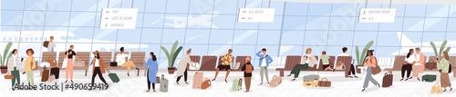 People at departure area in airport. Passengers with baggage in waiting room of international terminal. Tourists with luggage going and sitting on chairs, long banner. Flat vector illustration