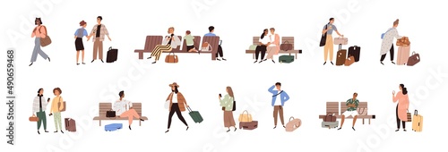 People in airport set. Tourists with luggage at terminal. Passengers with baggage traveling. Men and women with suitcases waiting for departure. Flat vector illustrations isolated on white background