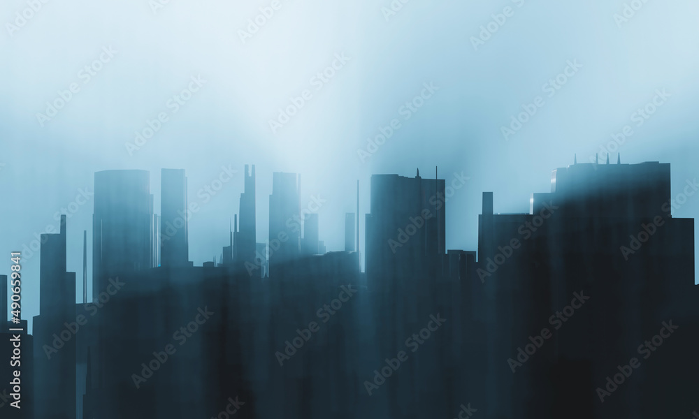 Future modern city silhouette in morning blue misty fog. Urban skyline background, 3D illustration