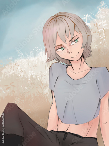 Anime girl with blond hair and green eyes sits in dry grass. She is wearing a t-shirt and dark pants. She looks away. 2d illustration.