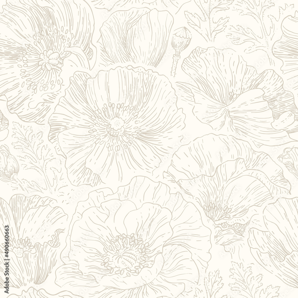 Poppy flowers lineart seamless pattern, neutral floral wallpaper