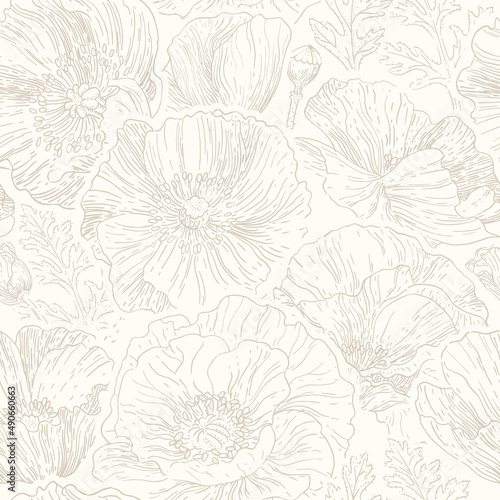 Poppy flowers lineart seamless pattern, neutral floral wallpaper