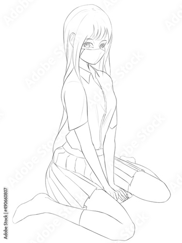 Anime girl in manga style with long hair sits on the floor with her hands in front of her between her legs. She is wearing a school uniform, medical mask and stockings. 2d illustration.