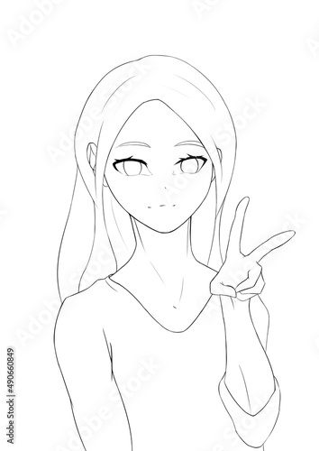Anime girl with long hair shows piss sign. She's drawn in a manga style, she's wearing a sweater, she's looking straight ahead.. 2d illustration.