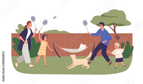 Family with kids playing badminton on yard. Active parents and children outdoors together. Happy mother, father, son and daughter at leisure. Flat vector illustration isolated on white background