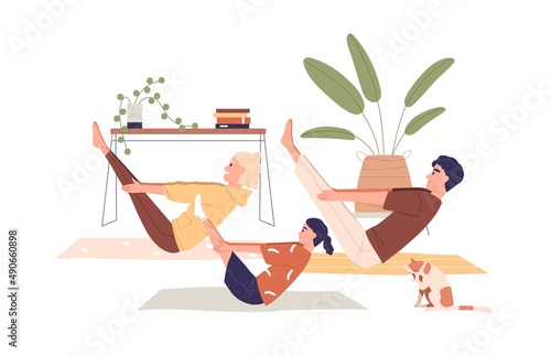 Family exercising together at home. Physical workout of mother, father and da...