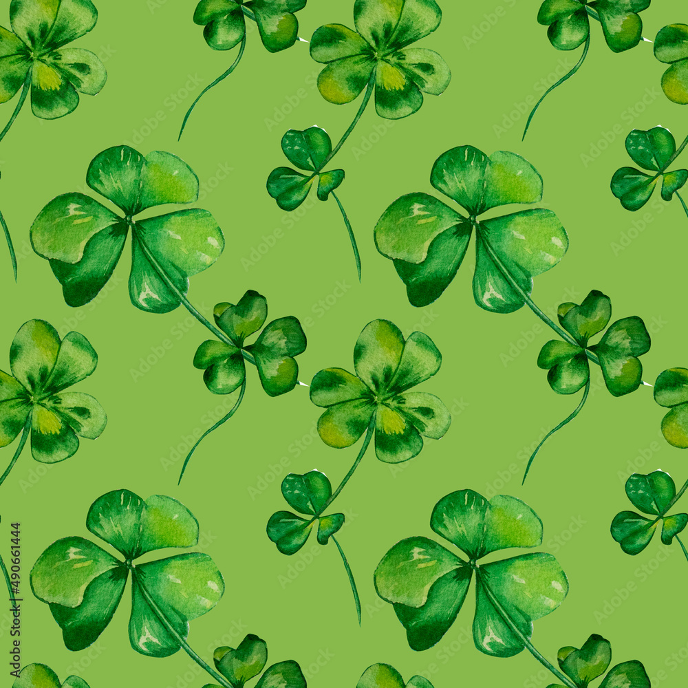 Shamrock seamless pattern, watercolor leaves on green Shamrock seamless pattern, watercolor leaves on green