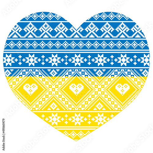 Ukrainian flag - heart shape with Vyshyvanka folk art vector seamless pattern, traditional emboidery design
