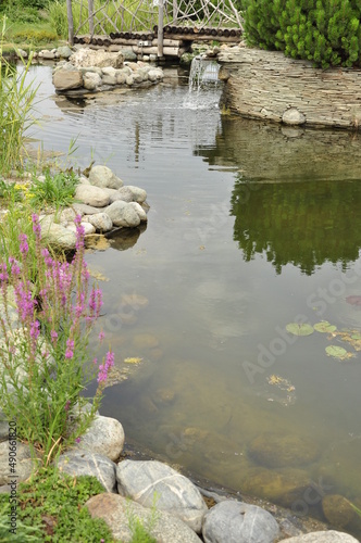Garden pond. Pond in landscape design.
