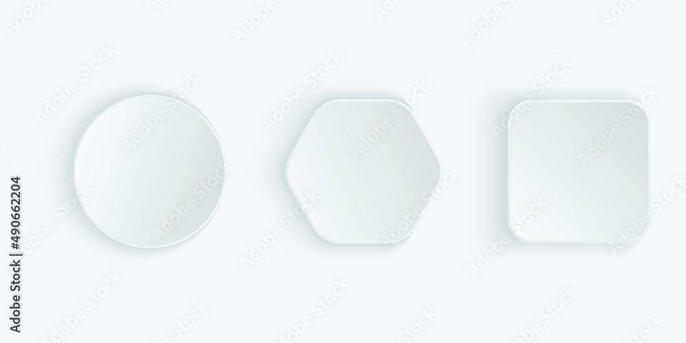 Neumorphic square,hexagonal and round buttons. White geometric shapes in a trendy soft 3D style with shadow.neumorphic shape vector Neumorphic square,hexagonal and round buttons. White geometric shapes in a trendy soft 3D style with shadow.neumorphic shape vector