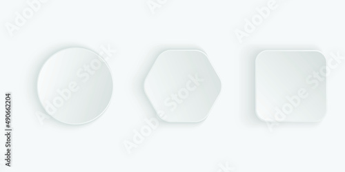 Neumorphic square,hexagonal and round buttons. White geometric shapes in a trendy soft 3D style with shadow.neumorphic shape vector