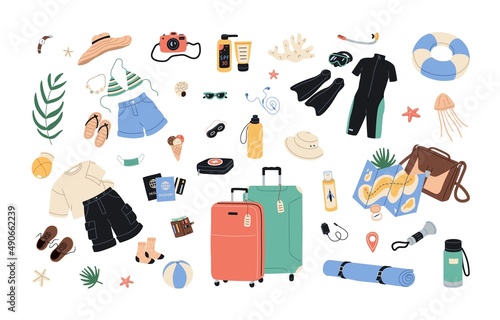 Travel items from summer holiday luggage. Tourists objects for sea vacation. Tourism stuff bundle with map, suitcase, clothes, passport, camera. Flat vector illustrations isolated on white background