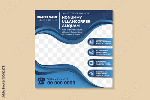Abstract square background concept with circle icon for technology social media banner, brochure, flyer design in blue gradient colors. wave border space for photo collage.