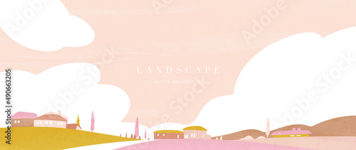 Abstract landscape background in minimalist. Pastel tone watercolor texture with panorama view of village, countryside and sky. Minimalist wallpaper good for wall art, decoration, print, and poster.