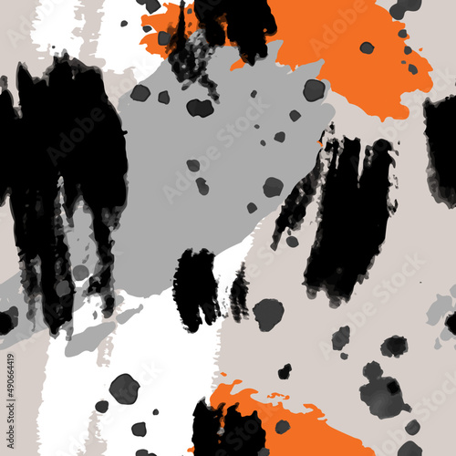 Abstract seamless pattern. Black brush stroke texture. Ink, watercolor hand painted vector illustration. 