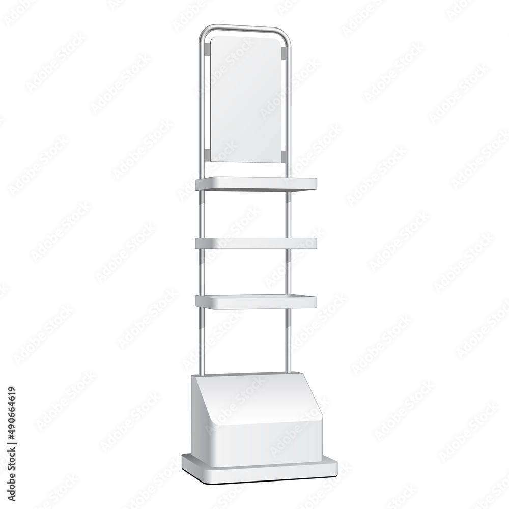 Mockup Floor Display Rack For Supermarket. Blank Empty Displays With Shelves. 3D Mock Up, Template Isolated On White Background. Mockup Floor Display Rack For Supermarket. Blank Empty Displays With Shelves. 3D Mock Up, Template Isolated On White Background.