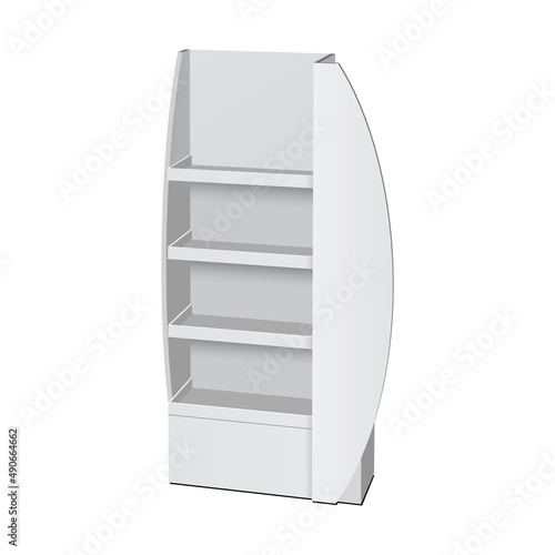 Mockup Cardboard Retail Shelves Floor Display Rack For Supermarket Blank Empty. Mock Up. 3D On White Background Isolated. Ready For Your Design. Product Advertising. Vector EPS10