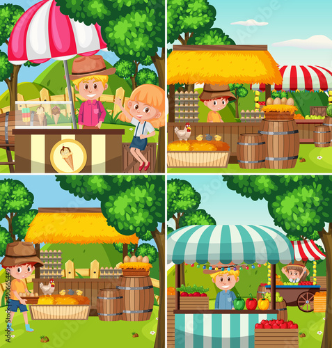 Flea market scene in cartoon style