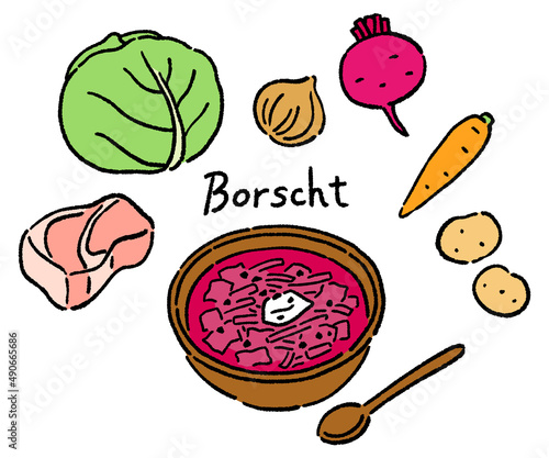 ボルシチと食材のベクターイラストセット　線画