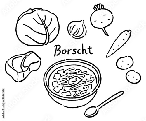 ボルシチと食材のベクターイラストセット　線画