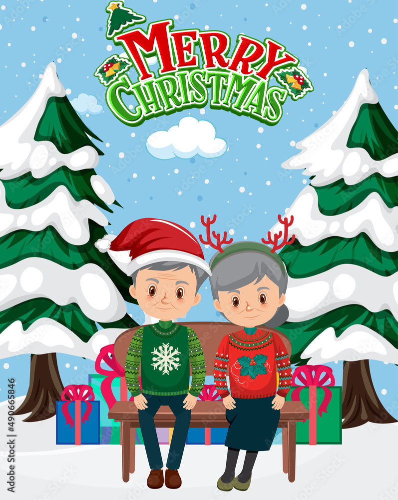 Merry Christmas poster with elderly couple sitting on a bench Merry Christmas poster with elderly couple sitting on a bench