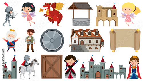 Set of fantasy cartoon characters and elements