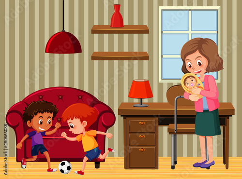 Workroom scene with family members