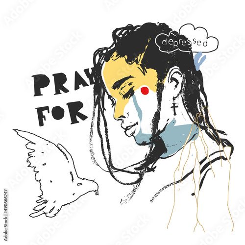 Profile of a crying young girl with a white dove. Inscription: Pray for