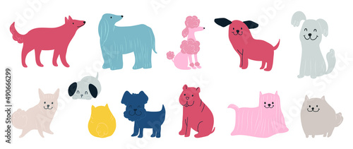 Set of cute dogs vector. Lovely dog and friendly puppy doodle pattern in different poses and breeds with flat color. Adorable funny pet and many characters hand drawn collection on white background.