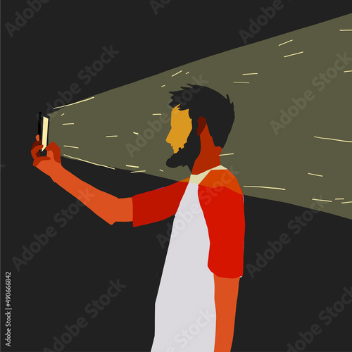 A man with a beard holds a smartphone in his hand and takes a selfie