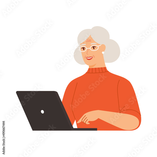 Happy senior woman with laptop. Freelaner working online or person studying online. Vector flat illustration on a white isolated background.