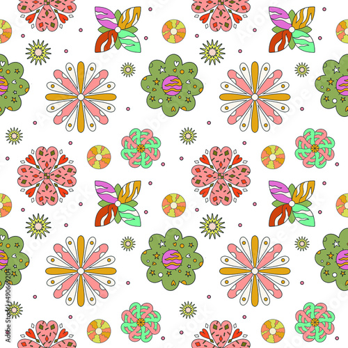 Colorful large-scale handmade floral vector seamless pattern. Retro style of the 70s nostalgic fashion textiles bold background. Summer Resort Print. daisies. Flower Power