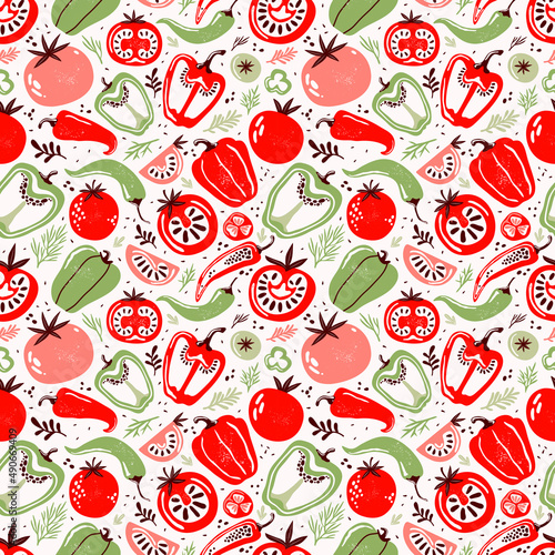 Seamless pattern doodle vegetables on white background. Red and green pepper, hot chili, tomatoes, jalapeno, paprika, seeds, herbs. Vegetables cut half, piece. Farm products. Hand drawn illustration.