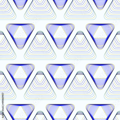 Seamless background with triangles. Triangles of blue and yellow stripes are arranged in rows on a light blue background. Vector illustration for packaging and business.