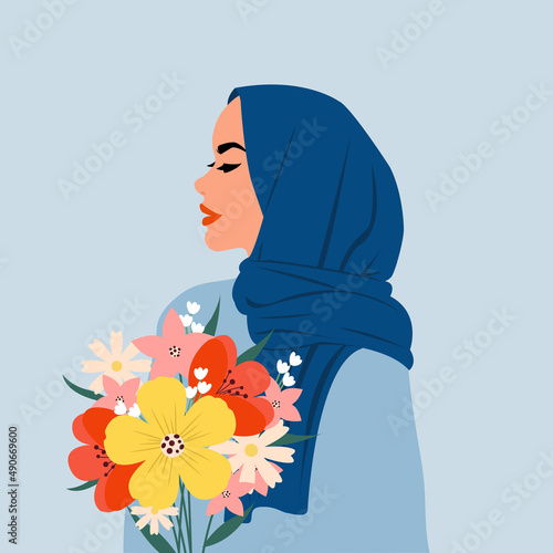 Pretty hijab woman side profile with colorful flower bouquet. Happy woman's day.