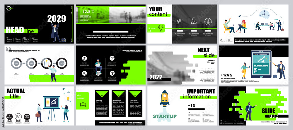 Business presentation, powerpoint, launch of a new business project. Infographic design template, green elements, black background, set. A team of people creates a business, teamwork. Mobile app, web
