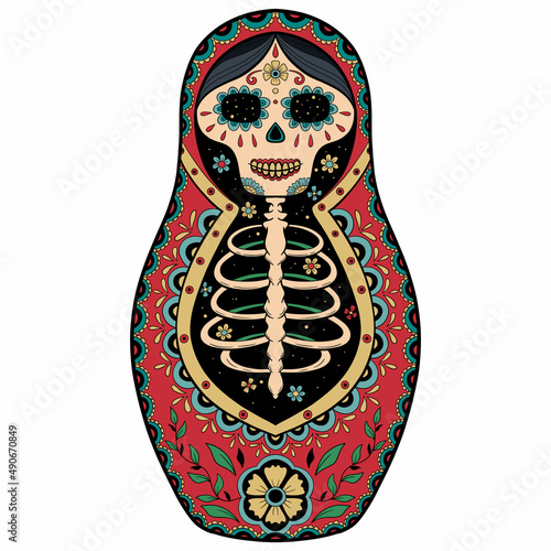 Vector Tattoo Skull Doll Matreshka Black and White Illustration