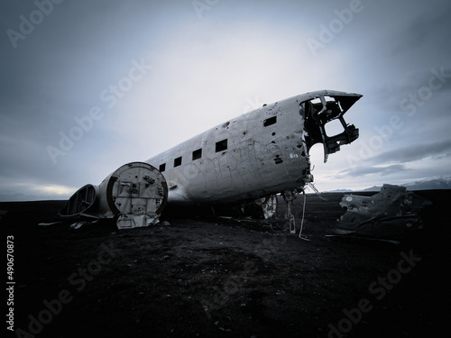 Wreck of an airplane nose wide angle